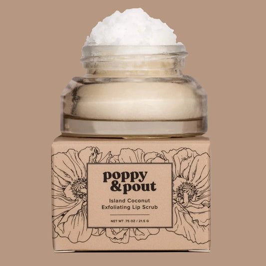 Island coconut lip scrub jar with white scrub texture