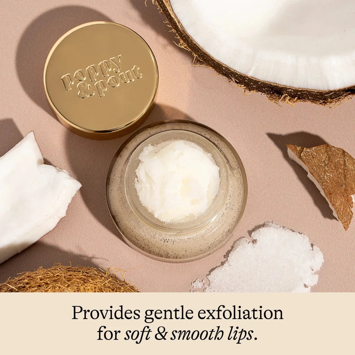 Island coconut lip scrub jar with white exfoliating crystals on display