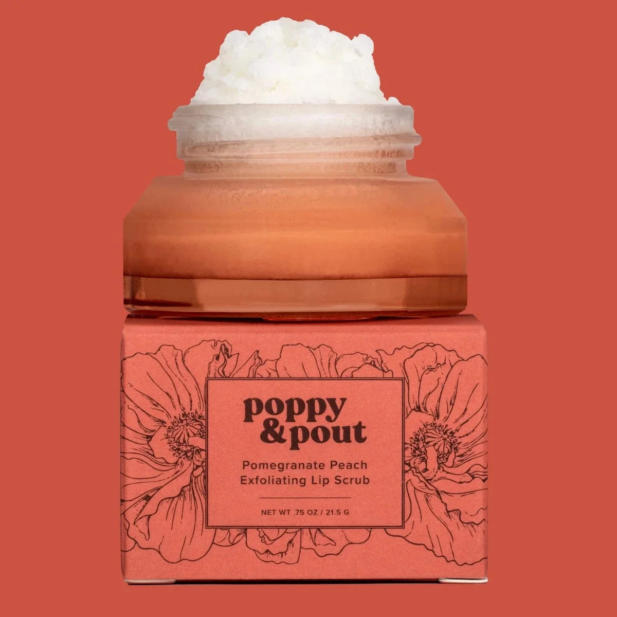 Pomegranate peach lip scrub jar with pink body and white scrub top