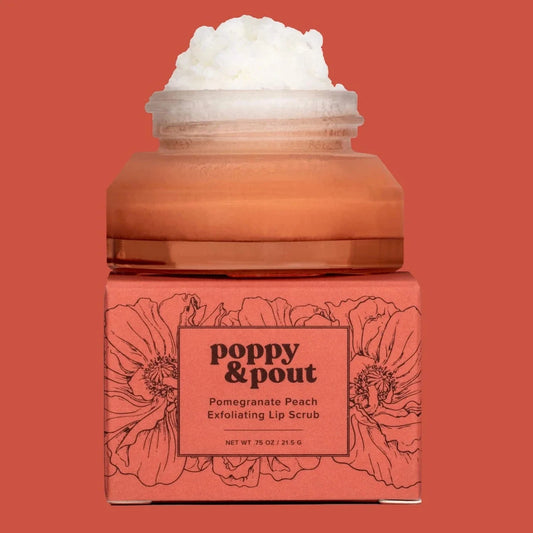 Pomegranate peach lip scrub jar with pink body and white scrub top