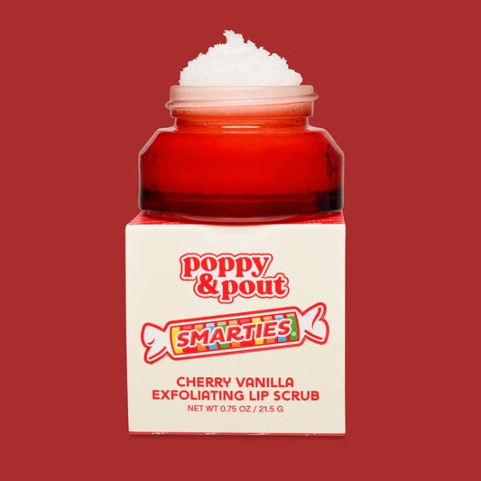 Cherry vanilla exfoliating lip scrub jar with Poppy & Pout label