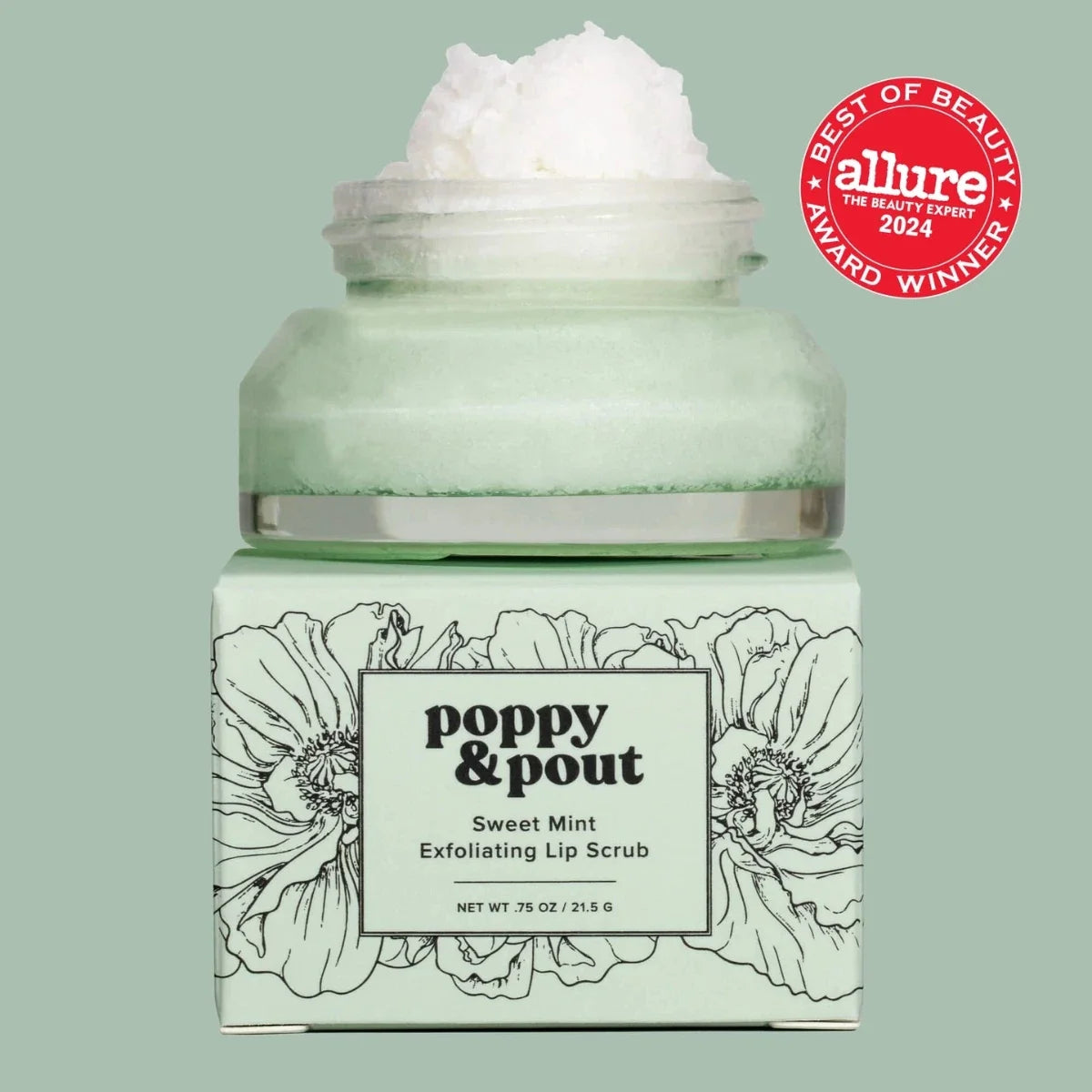 Sweet Mint lip exfoliating scrub jar with white whipped scrub, green glass container