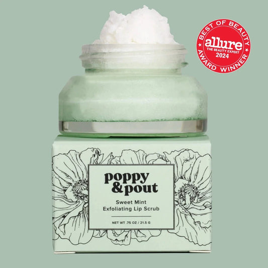 Sweet Mint lip exfoliating scrub jar with white whipped scrub, green glass container