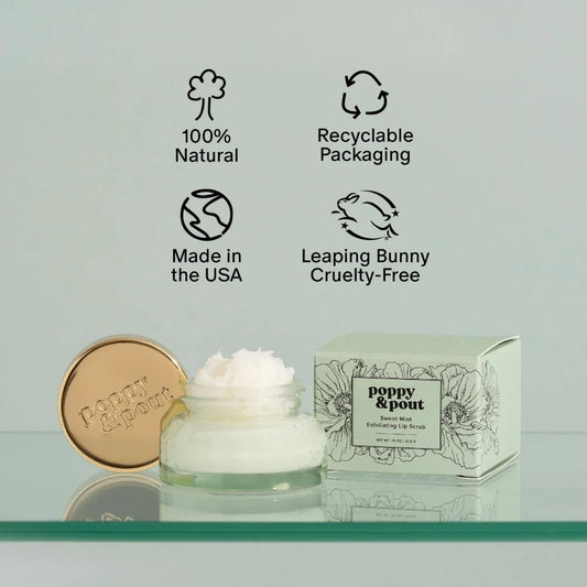 Sweet Mint lip scrub set with floral box and small green jar with white scrub