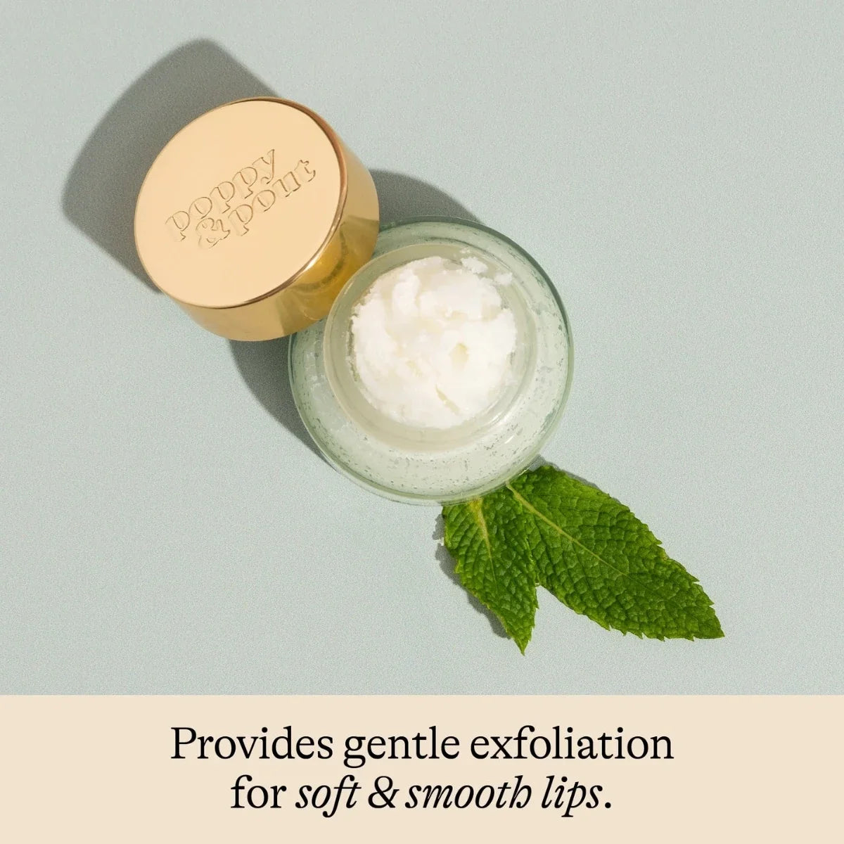 Open Sweet Mint lip scrub jar with white whipped exfoliant, gold lid, mint leaf