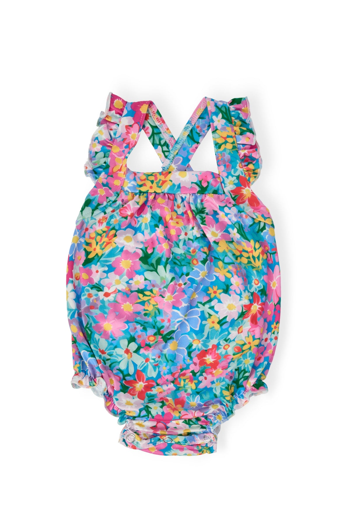 Floral ruffle cross-back romper with colorful multicolor print, gathered waist