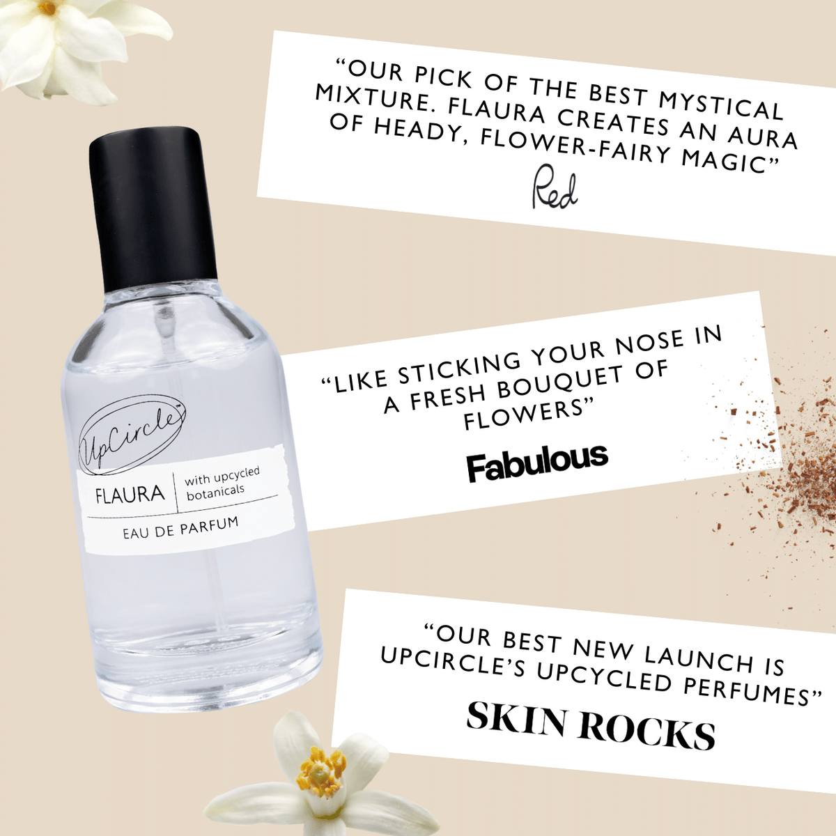 Flaura eau de parfum bottle with black cap, clear glass, with upcycled botanicals label.