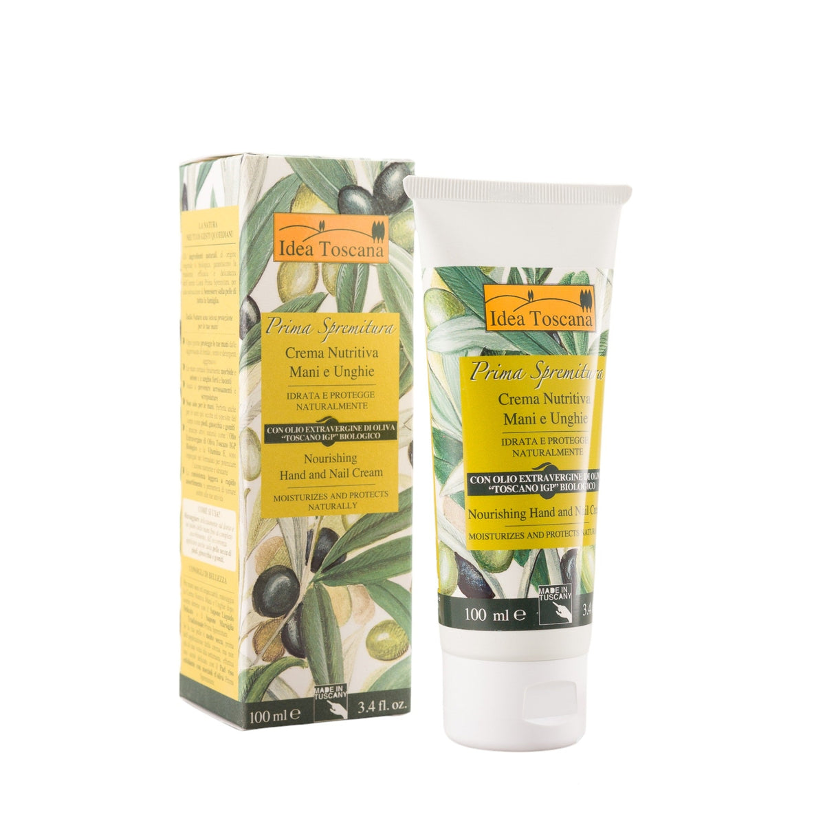 Olive hand and nail cream tube, 100 ml, with matching carton packaging.