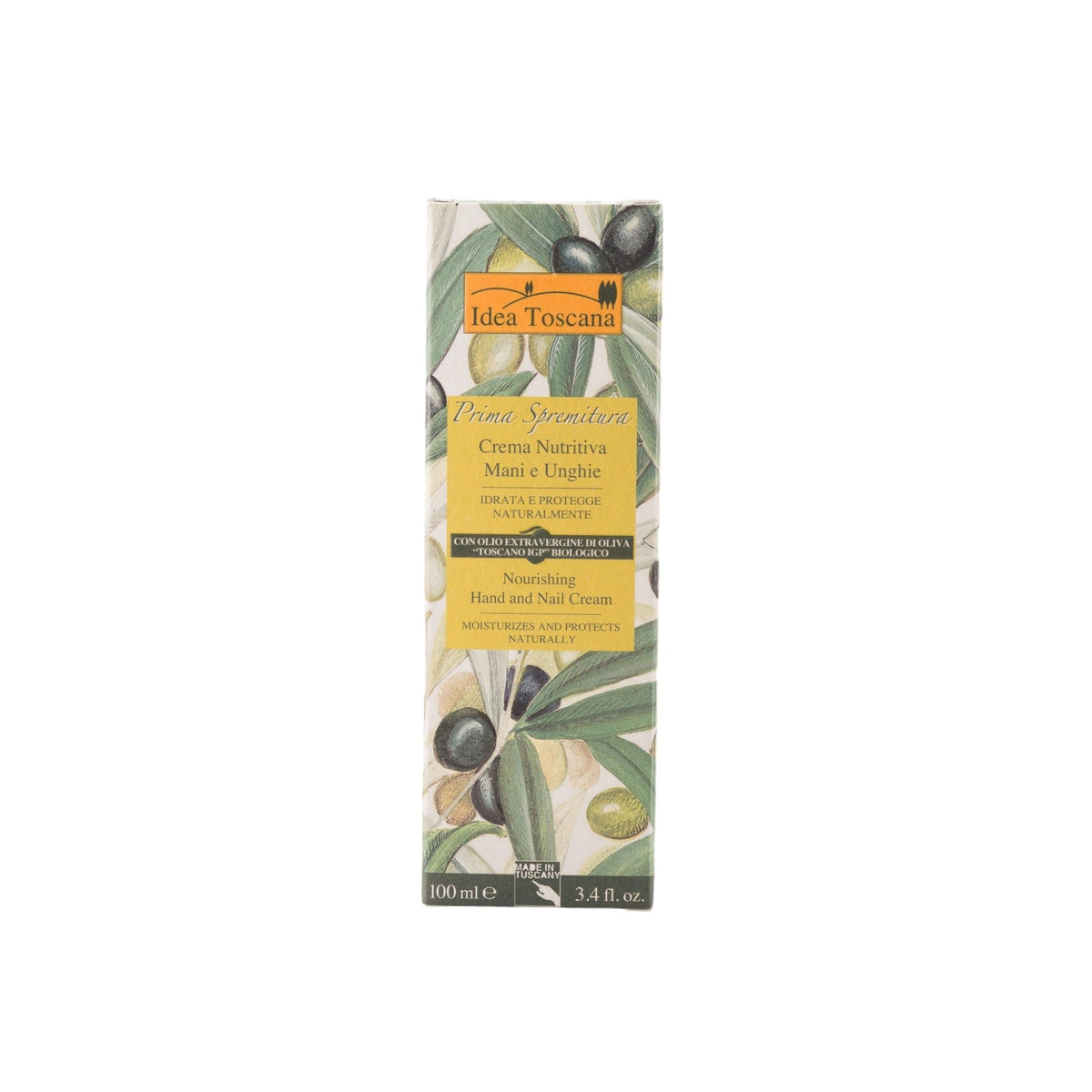 Olive hand and nail cream carton, 100 ml, vertical side view.