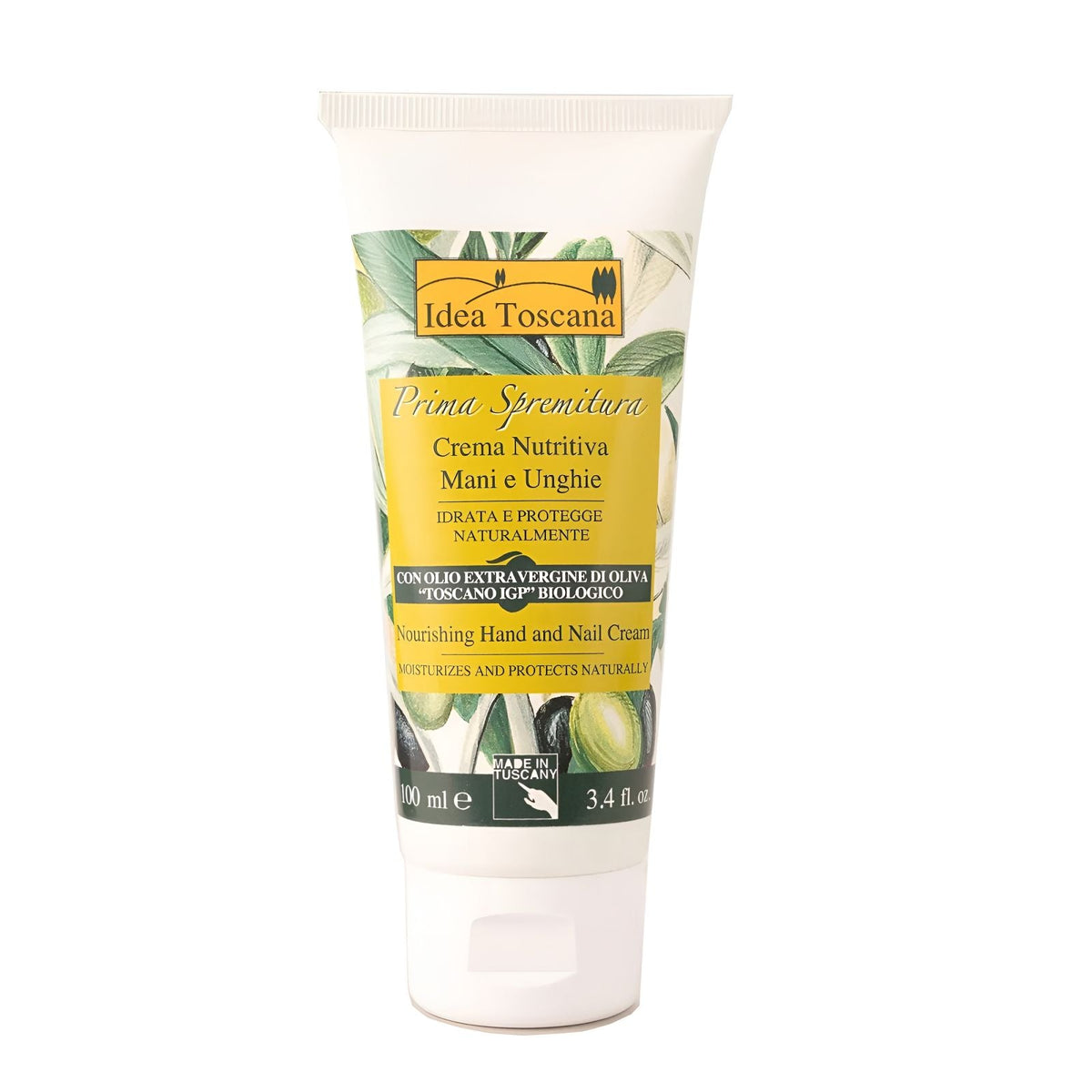 Olive hand and nail cream tube with label, 100 ml, front view.