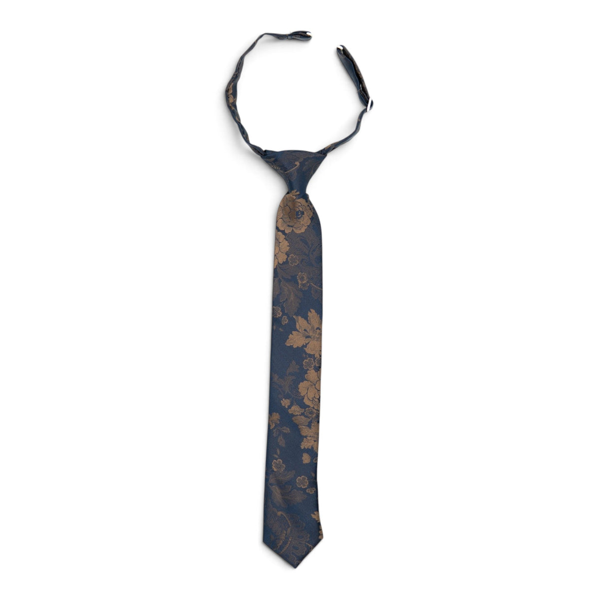 Boys necktie with dark navy base and tan-gold floral pattern