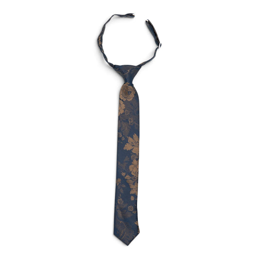 Boys necktie with dark navy base and tan-gold floral pattern