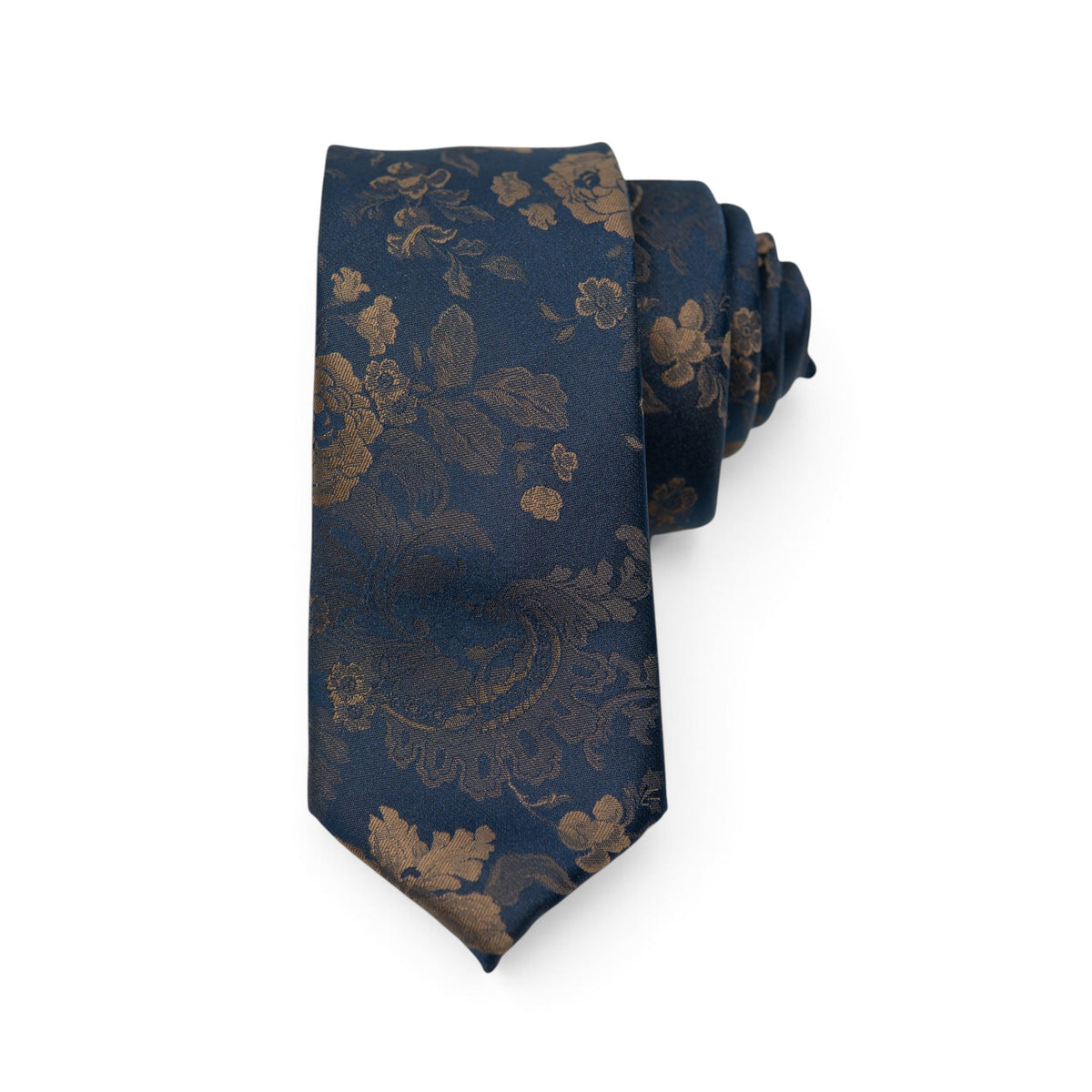 Men's tie in dark blue with ornate gold floral and scroll pattern