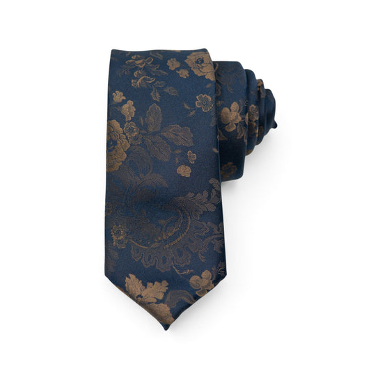 Men's tie in dark blue with ornate gold floral and scroll pattern