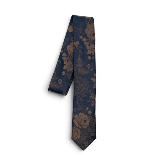 Youth necktie in dark blue with gold floral and paisley pattern