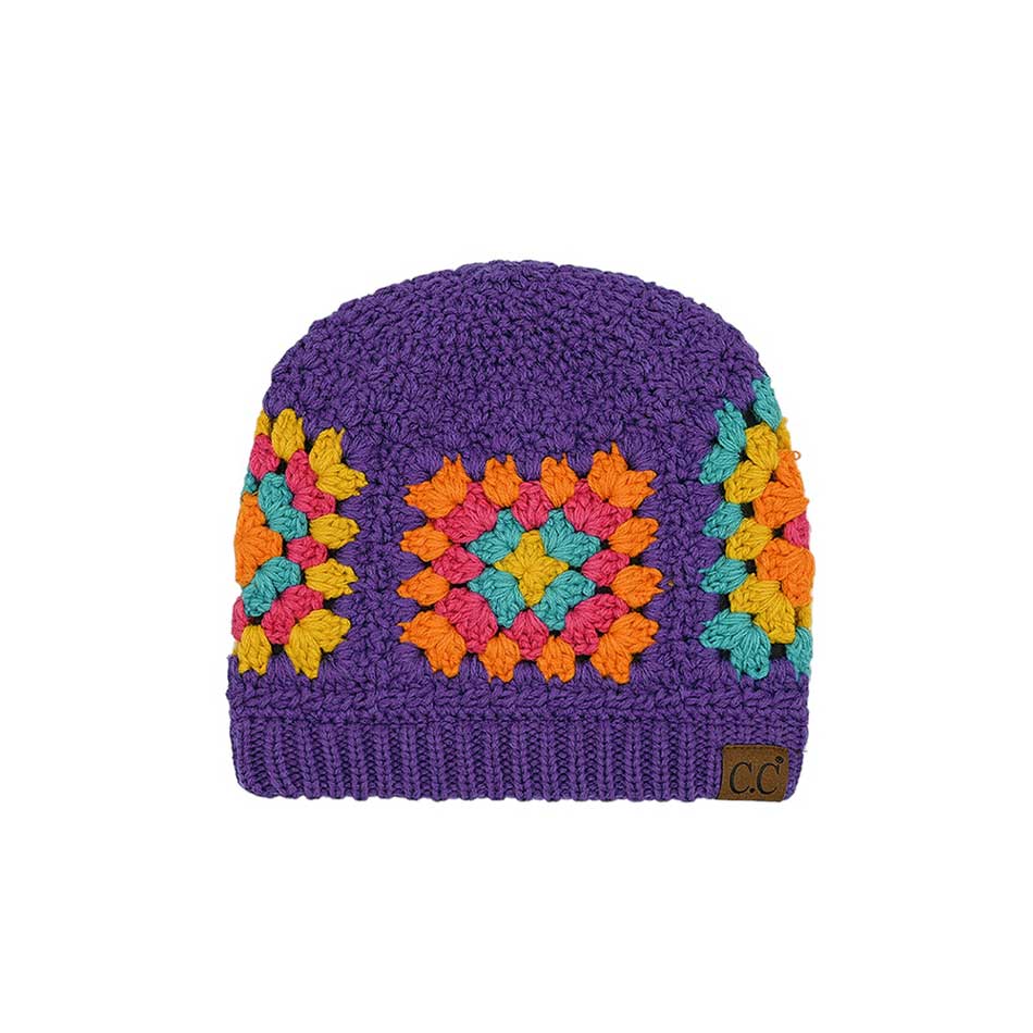 C.C purple crochet beanie with multicolor granny square floral pattern