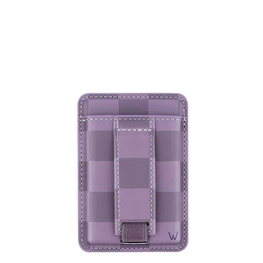 Lavender magnetic phone wallet with stitched edges and card slots, front view.