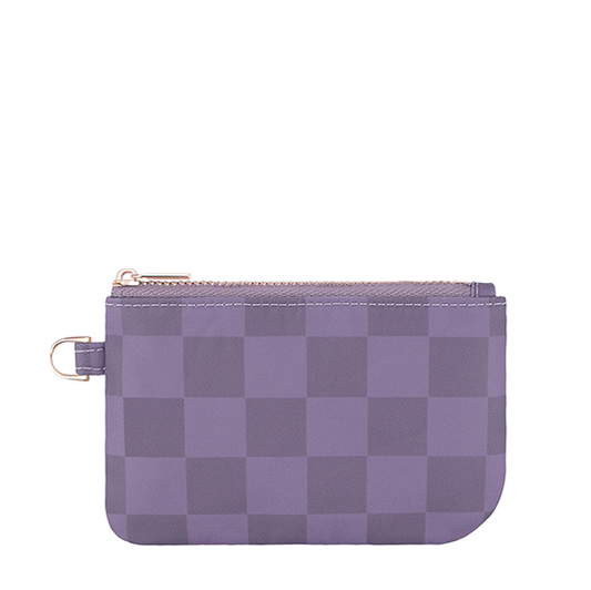 Purple checkered zipper pouch with wrist strap and gold-tone ring hardware