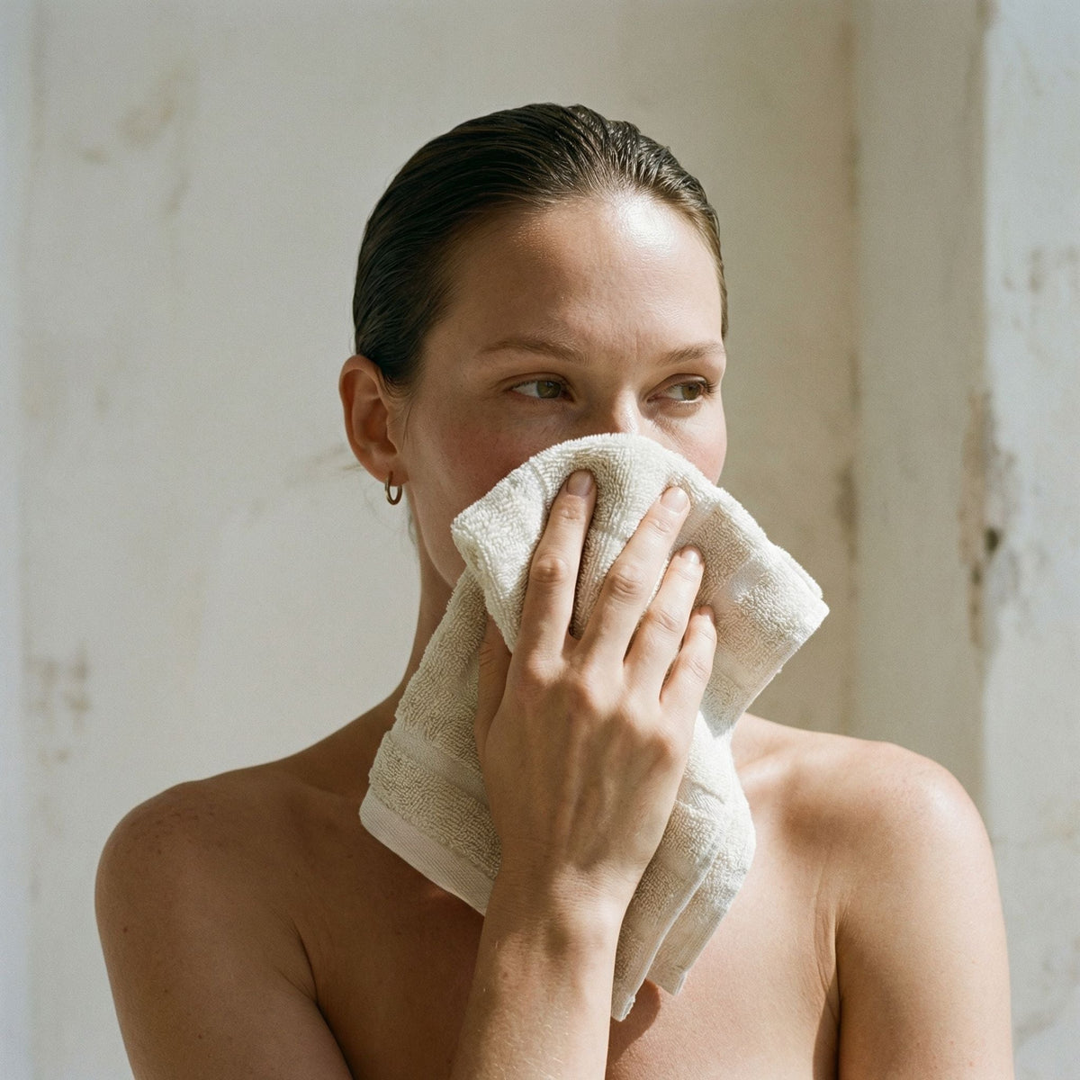 Australian cotton towels, beige face towel held to cheek