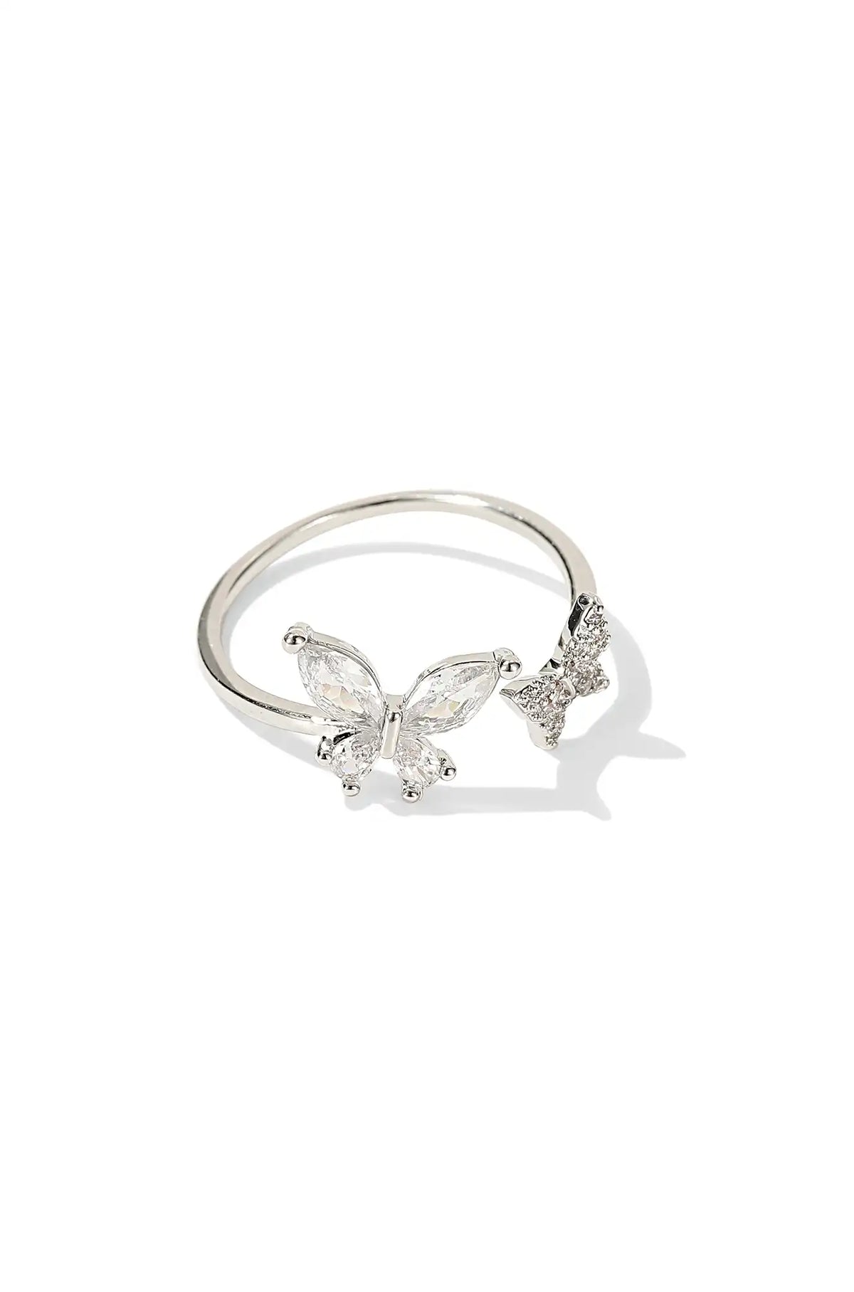 Silver-tone open ring with two crystal butterfly charms