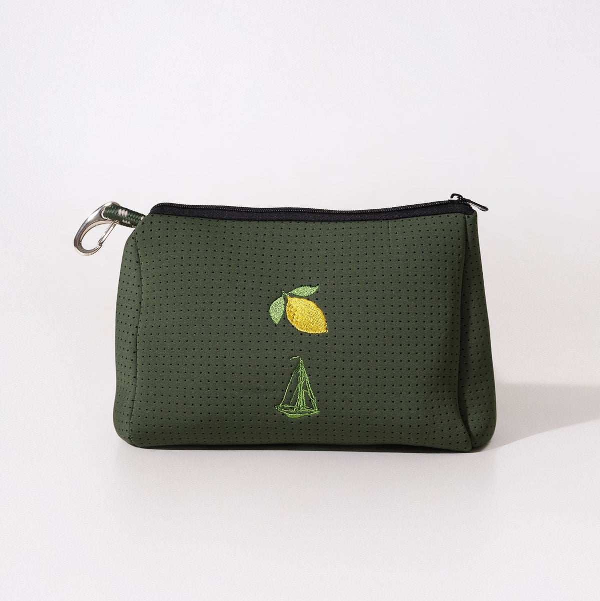 Moss green zip pouch with sailboat and lemon graphic, top zipper and metal keyring.