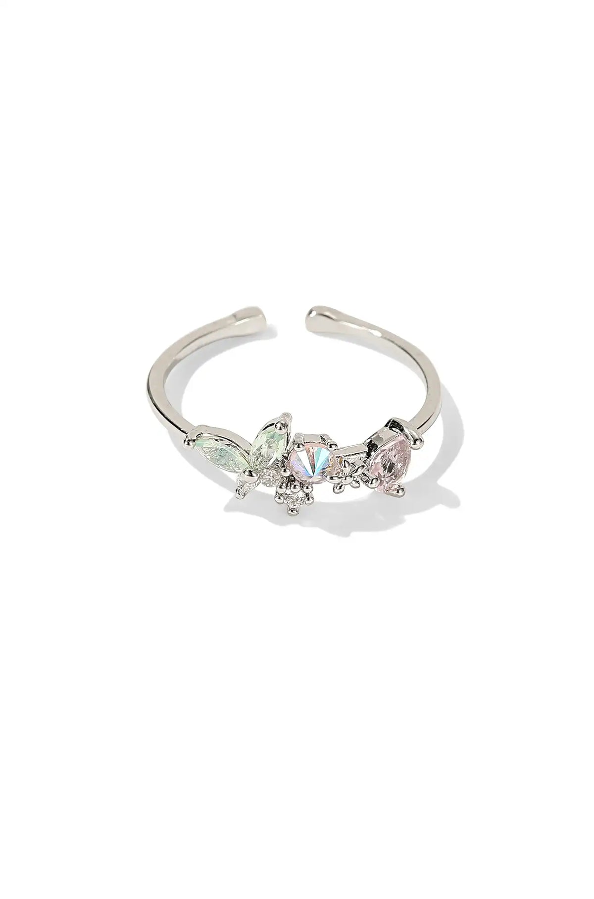 Silver butterfly ring with pink stones and an open adjustable band