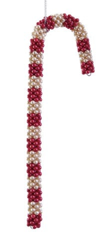 Red and white beaded candy cane ornament with hanging string