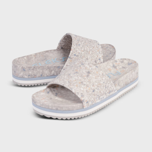 Faded denim fabric platform slide sandals with thick sole and blue trim