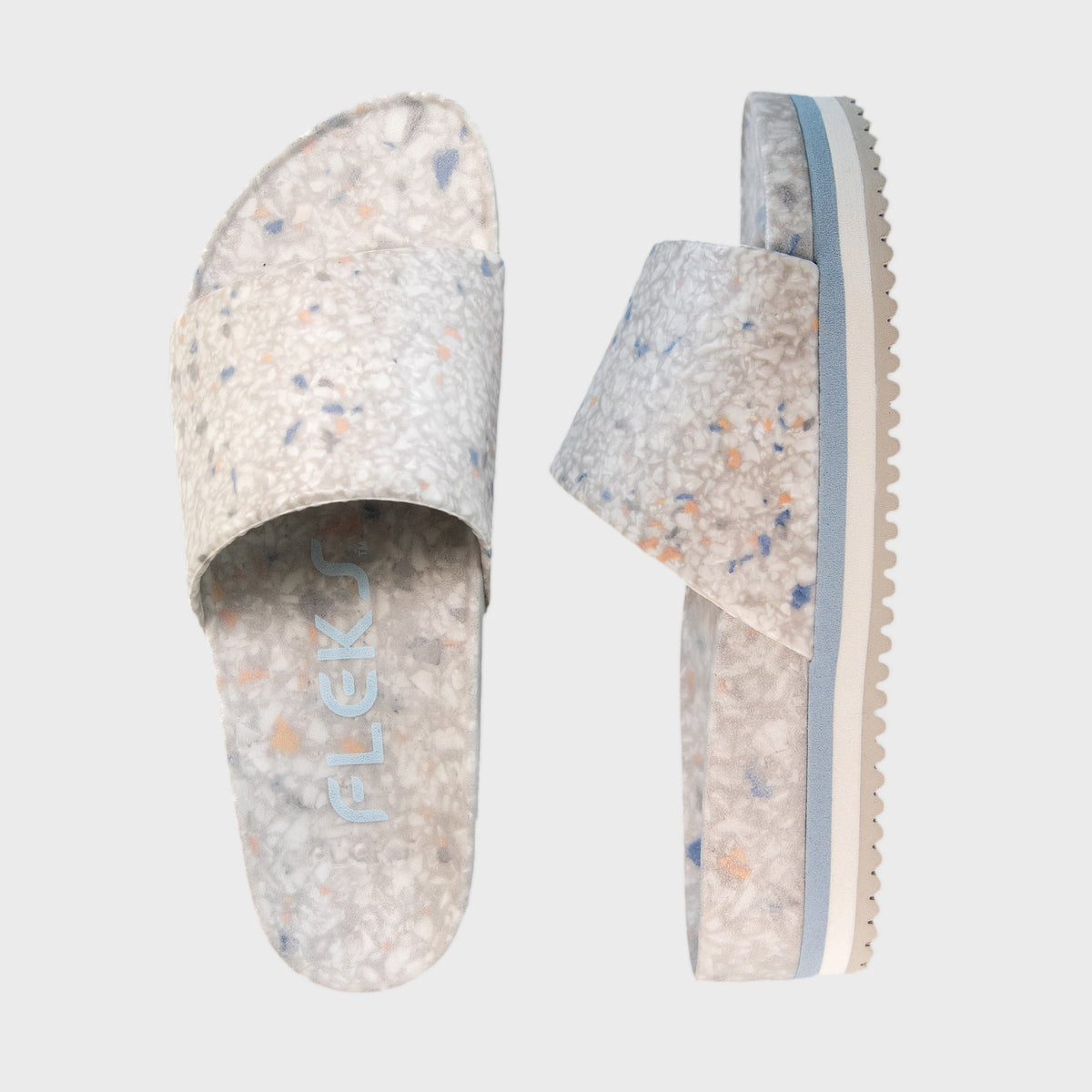 Light speckled denim slide sandals, open toe, blue side stripe, platform sole