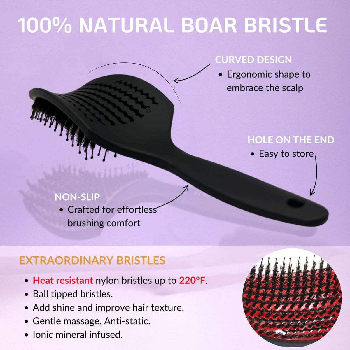Curved detangler hair brush with black non-slip grip and red vented boar bristles