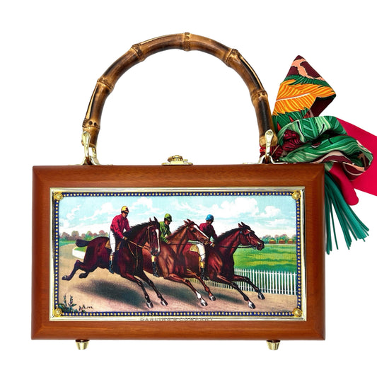Wooden satchel with bamboo handle and horse carriage artwork panel, colorful ribbon tassels