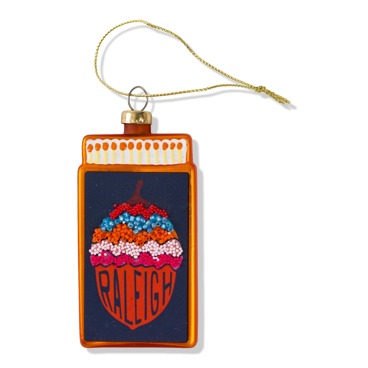 Matchbook-shaped Raleigh ornament with orange frame and colorful graphic, hanging loop