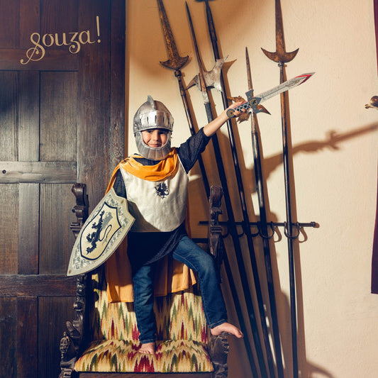 Kids costume shield worn by a child, medieval knight outfit
