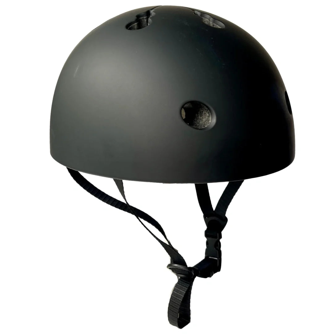 Matte black bike safety helmet with black chin strap and vent holes
