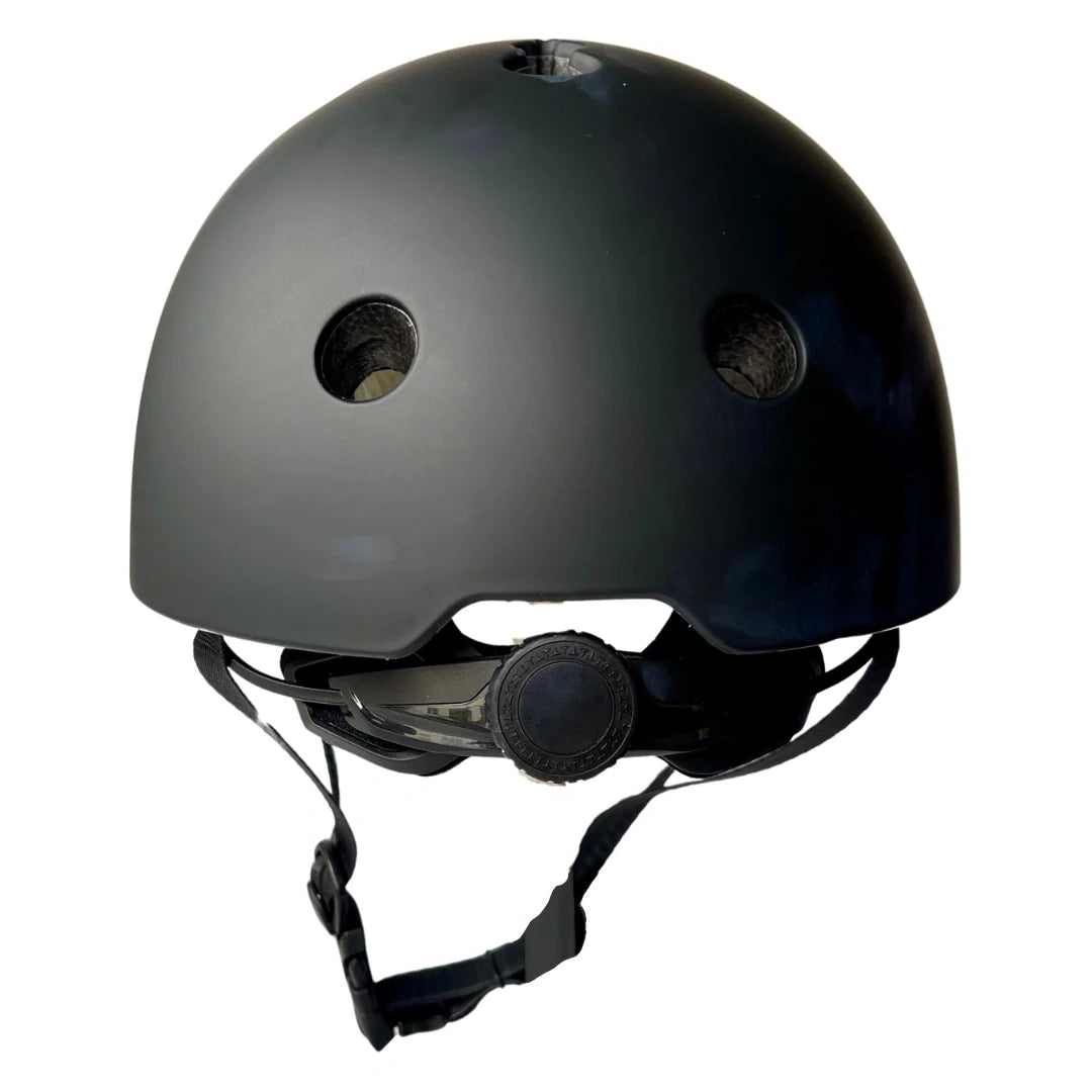 Black bike safety helmet with rear adjustment dial and chin strap