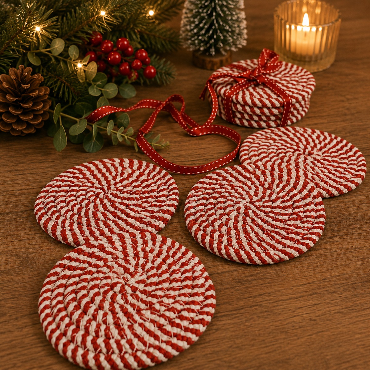 Red striped braided rope coasters, candy cane spiral, four round coasters on table