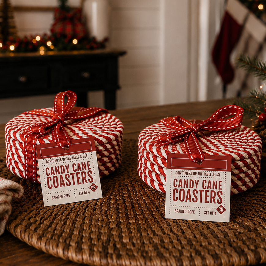 Red striped braided rope coasters with ribbon bows and product tags, 2 shown