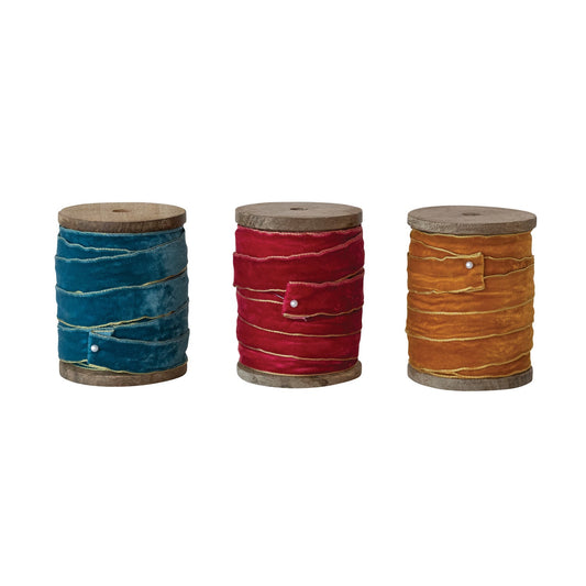 Velvet ribbon spool set: blue, red, and orange velvet with metallic gold edges