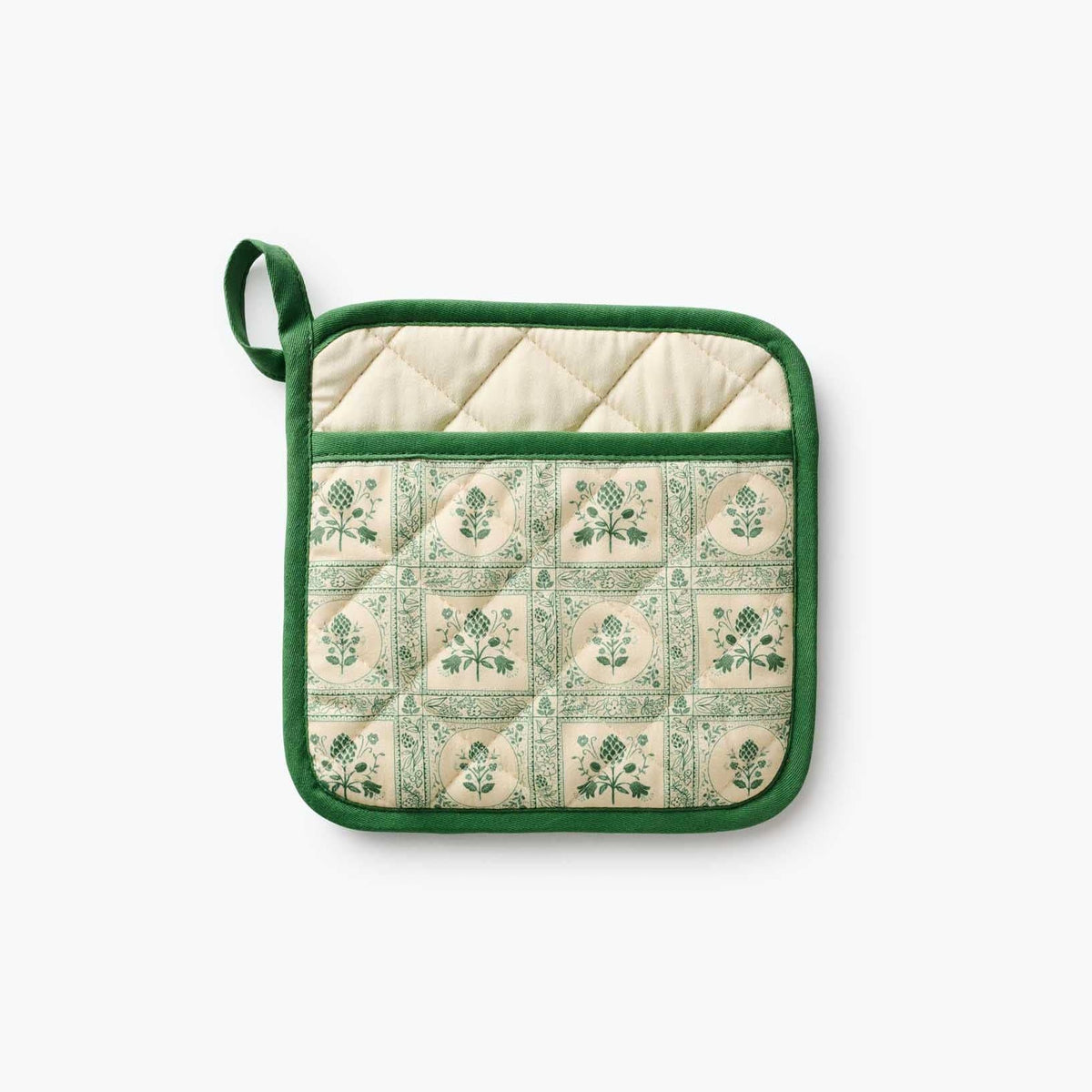 Quilted pot holder with green edging and cream artichoke patchwork front, hanging loop