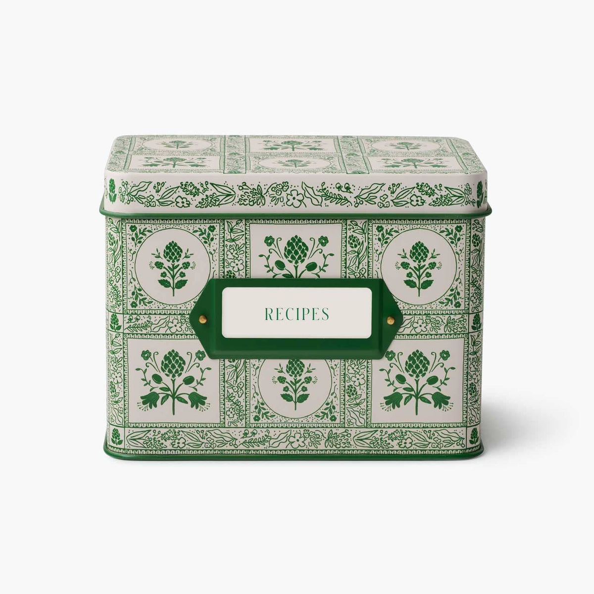 Green and white recipe tin with artichoke pattern and 'Recipes' label