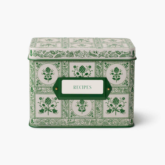 Green and white recipe tin with artichoke pattern and 'Recipes' label