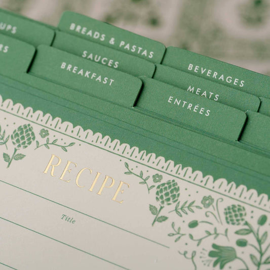 Green recipe tin insert with category tabs, including Breads, Sauces, Beverages