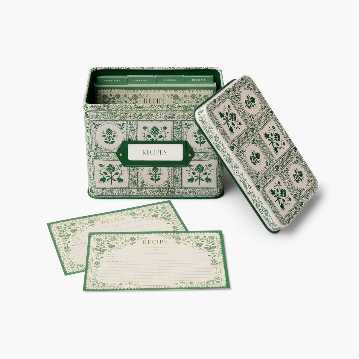 Recipe tin with hinged lid and included recipe cards, green artichoke design