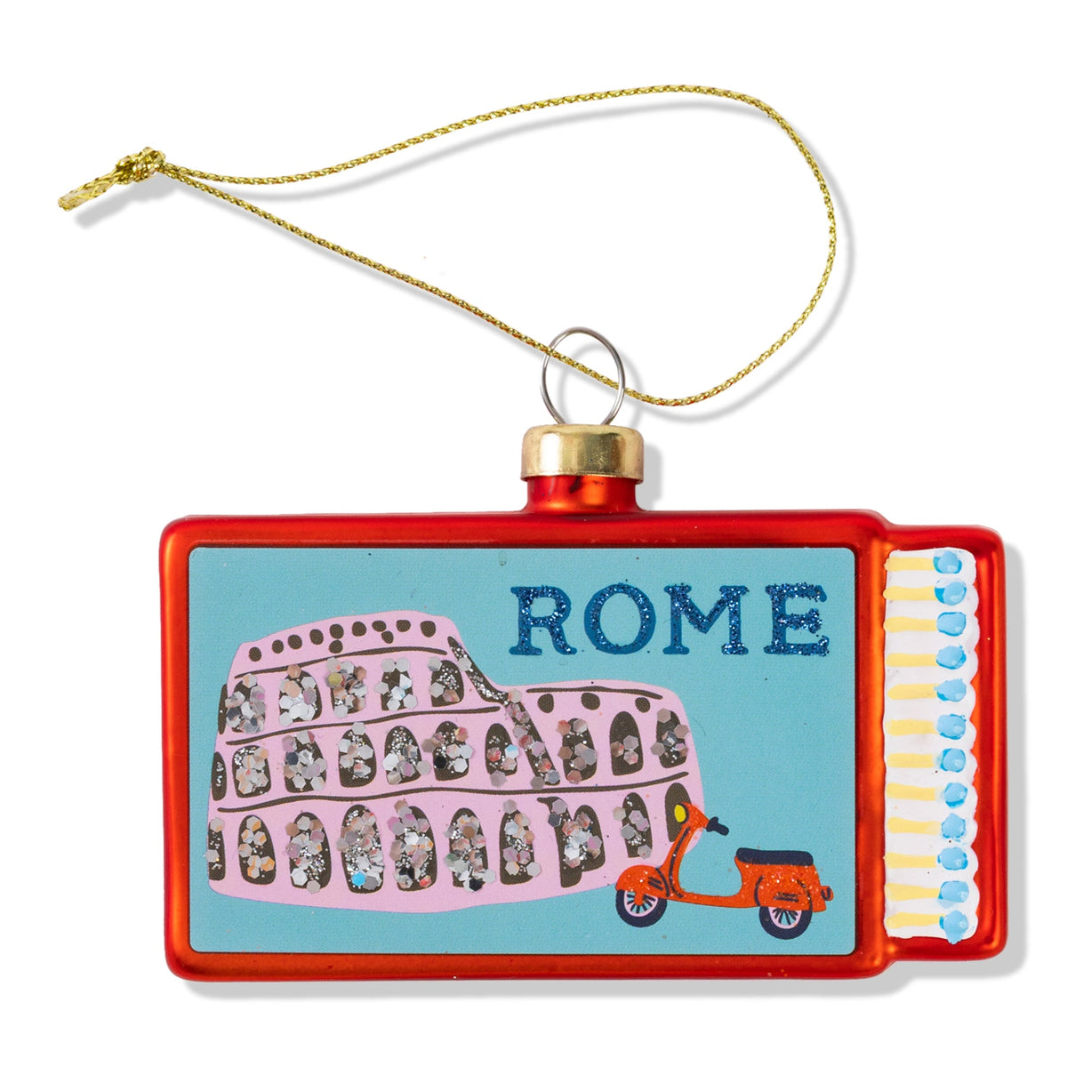 Rome matchbook-shaped ornament with red border and blue accordion side