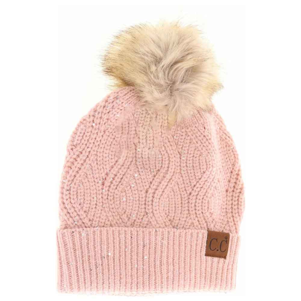 Sequin brioche cable knit beanie, blush pink with faux fur pom and ribbed cuff patch CU