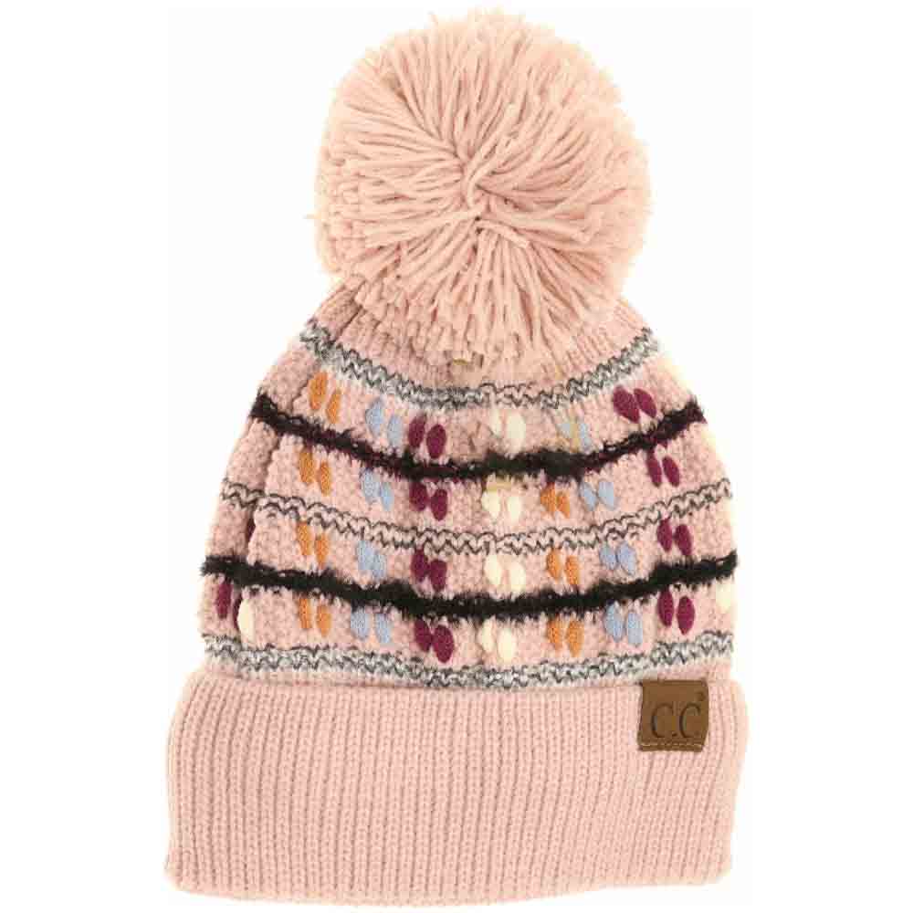 Rose knit beanie with yarn pom-pom and multicolor stripe pattern, C.C logo patch