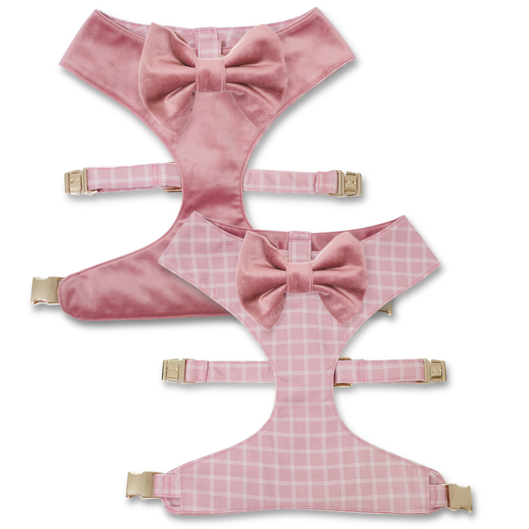 Reversible dog harness with pink satin bow tie, pink plaid straps, adjustable buckles