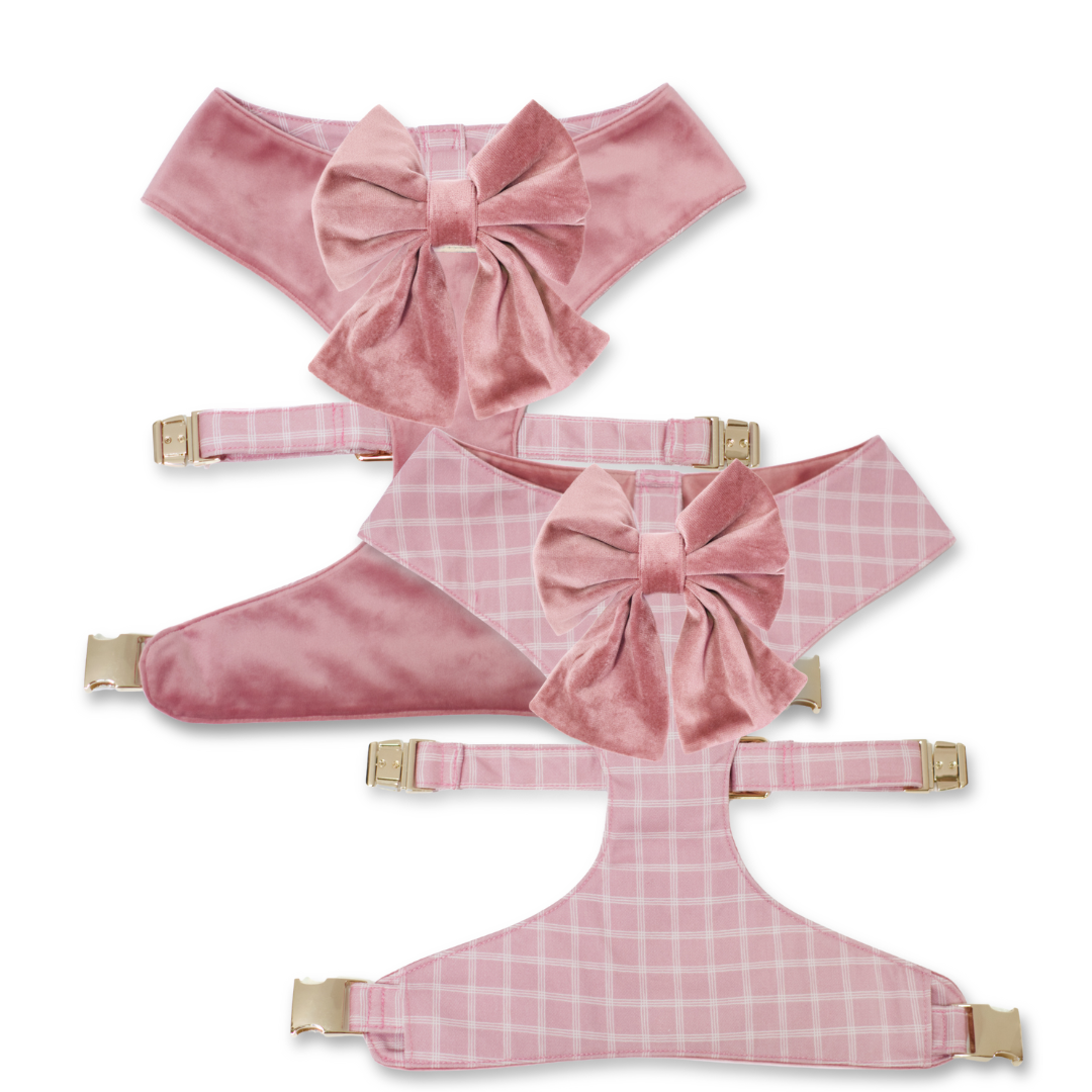 Pink plaid and satin reversible dog harness with large sailor bows and gold buckles
