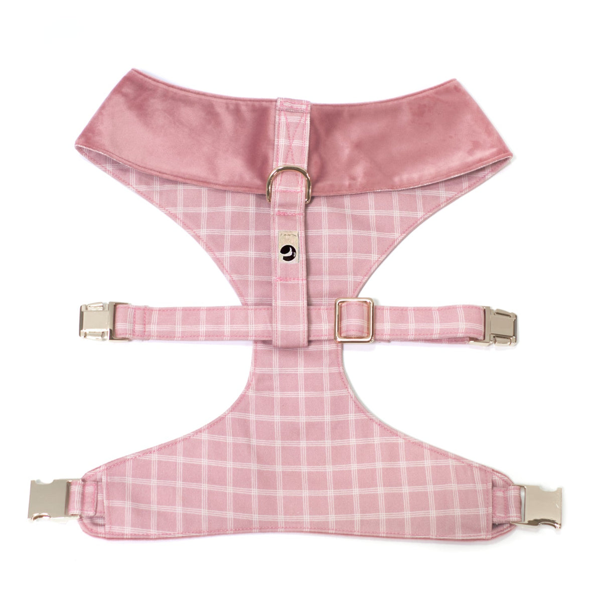 Reversible dog harness with plaid skirt, pink satin trim, gold hardware