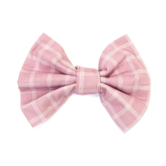 Pink windowpane plaid dog bow tie with center bow knot